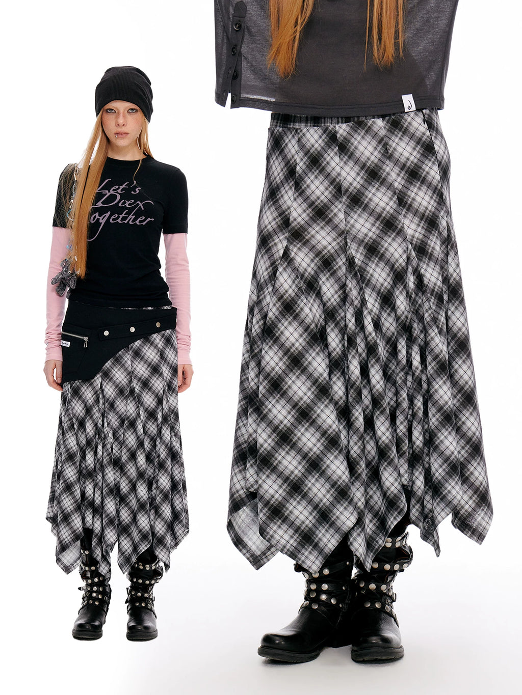 JIKOO Plaid Skirt Versatile Irregular Hem Skirt
