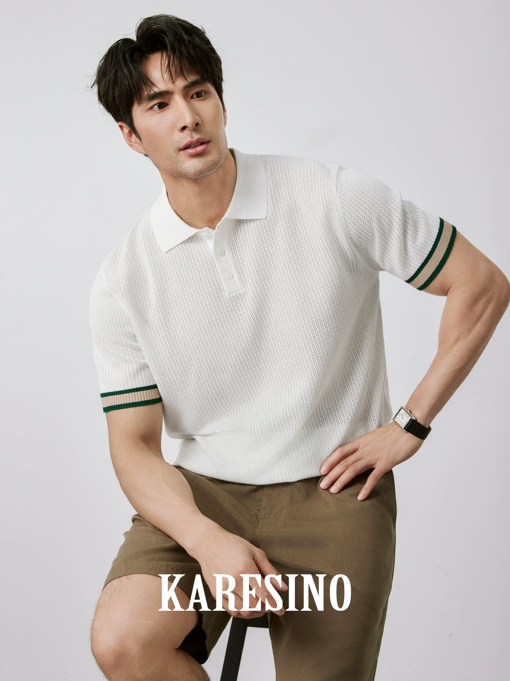 KARESINO Breathable Hollow Mesh Contrast Knitted Polo Shirt