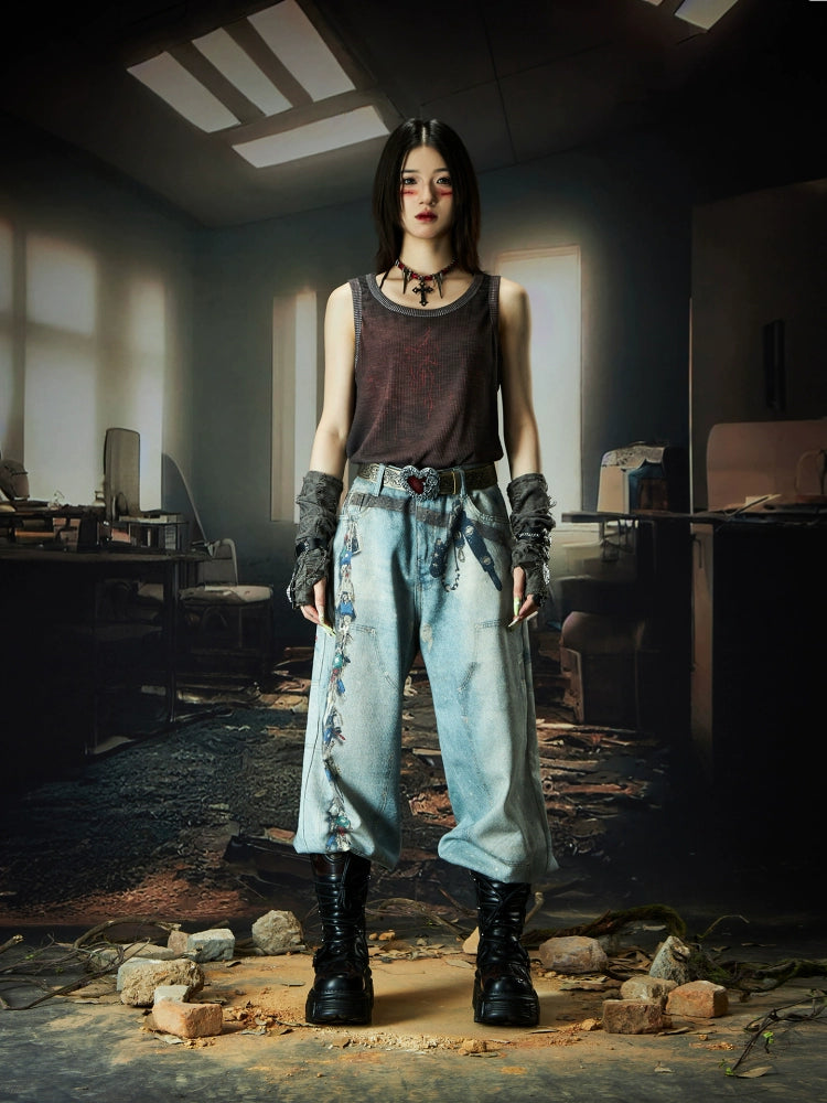 NOMANIAI Love Digital Printing Loose Straight Jeans