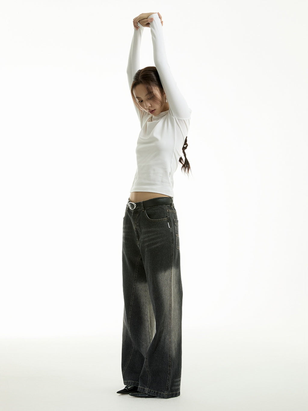 FUNKYFUN Oblique Bone Cut Old Cat Beard Straight Jeans