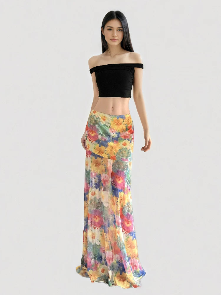 FUNOFF Low Waist Mesh Floor Length Skirt