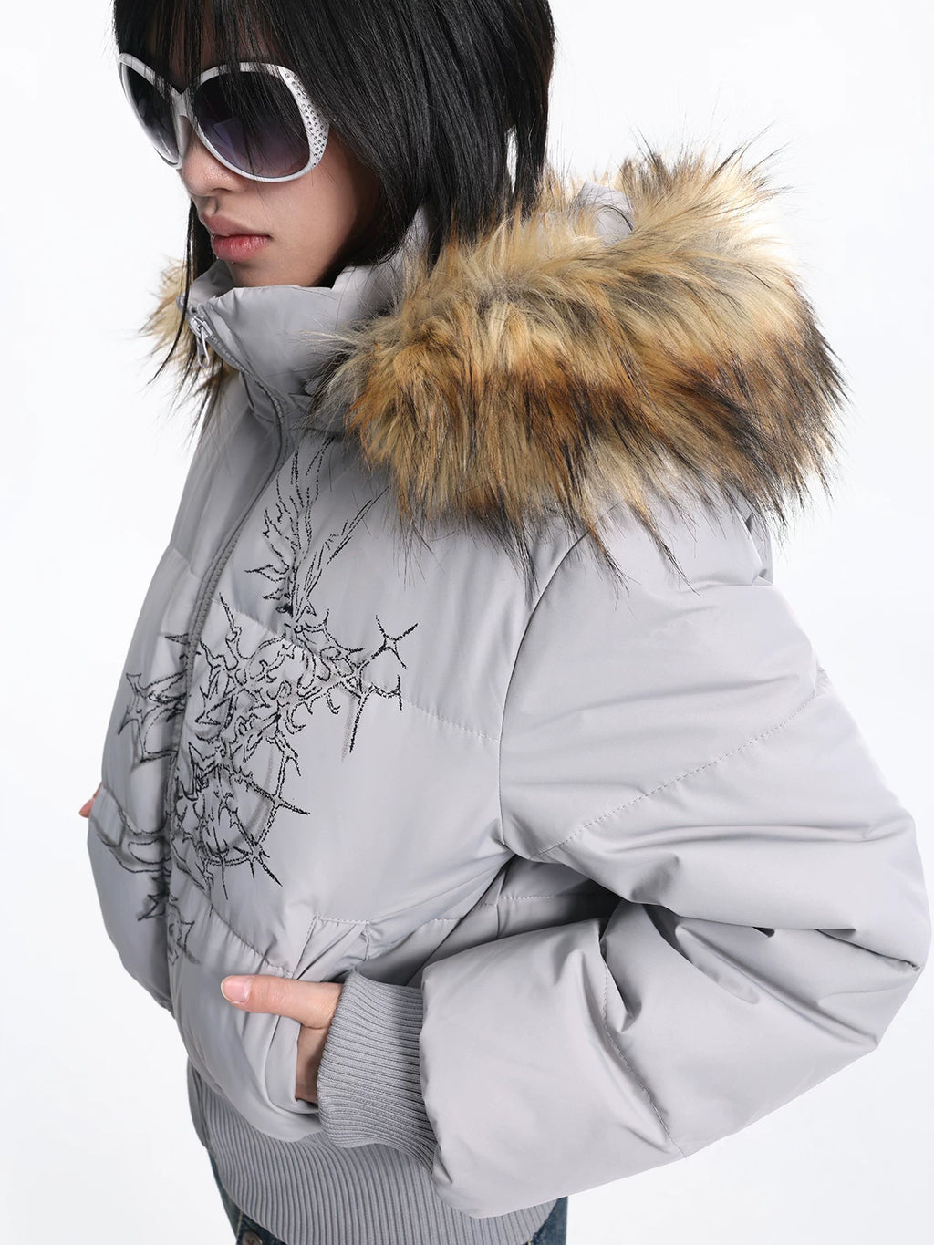 Lightinus Print Stand-up Collar Slim-fitting Cotton Jacket