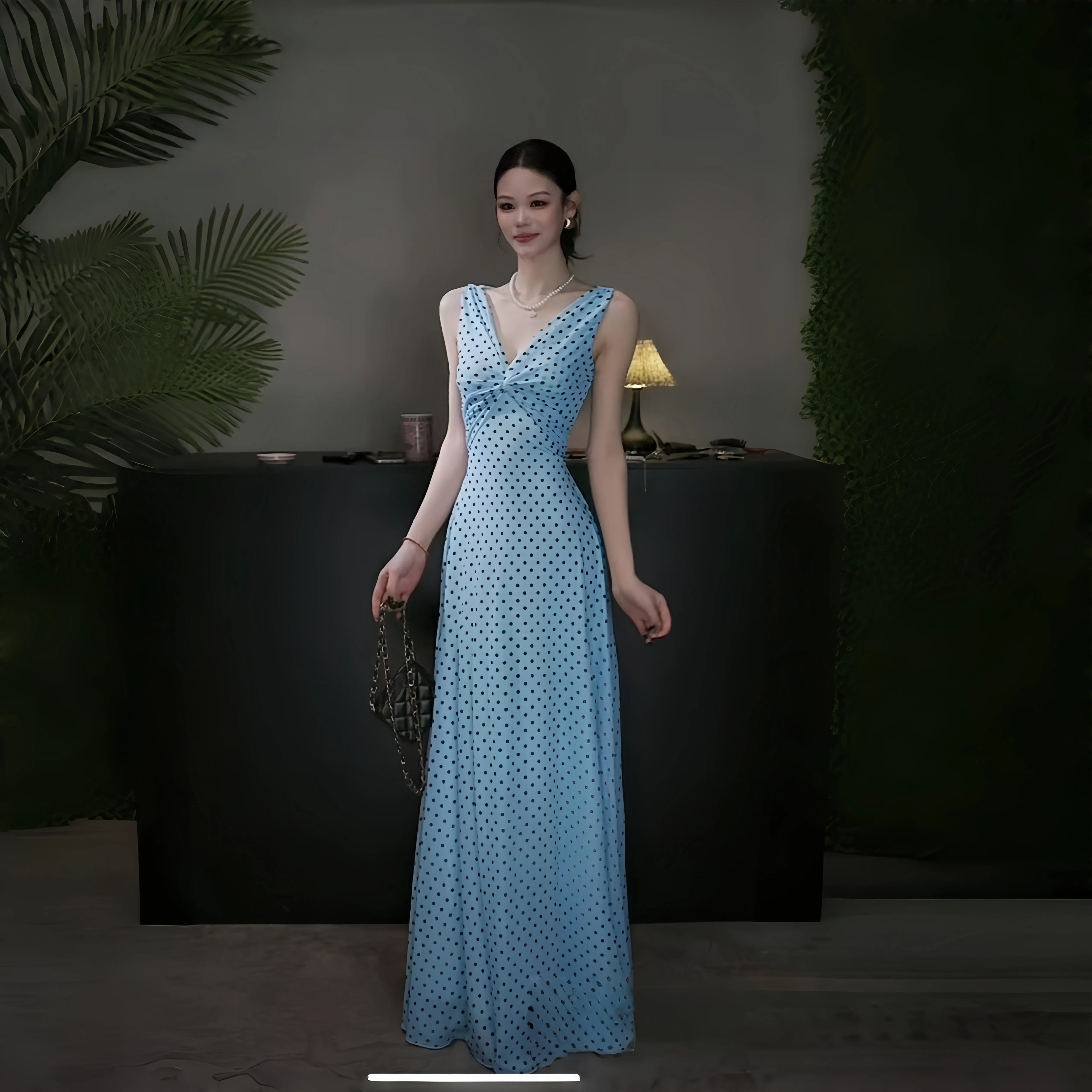INSTUNNING Vintage Polka Dot V-Neck Sleeveless Long Dress
