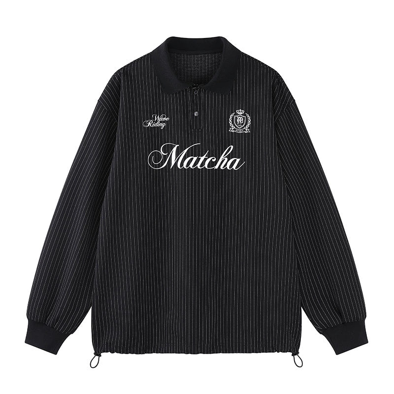 MATCHA STORY Vertical Striped Jacquard Lapel Sweater