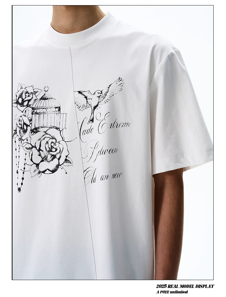A PUEE Hand-painted Print Casual Loose and Versatile Tee