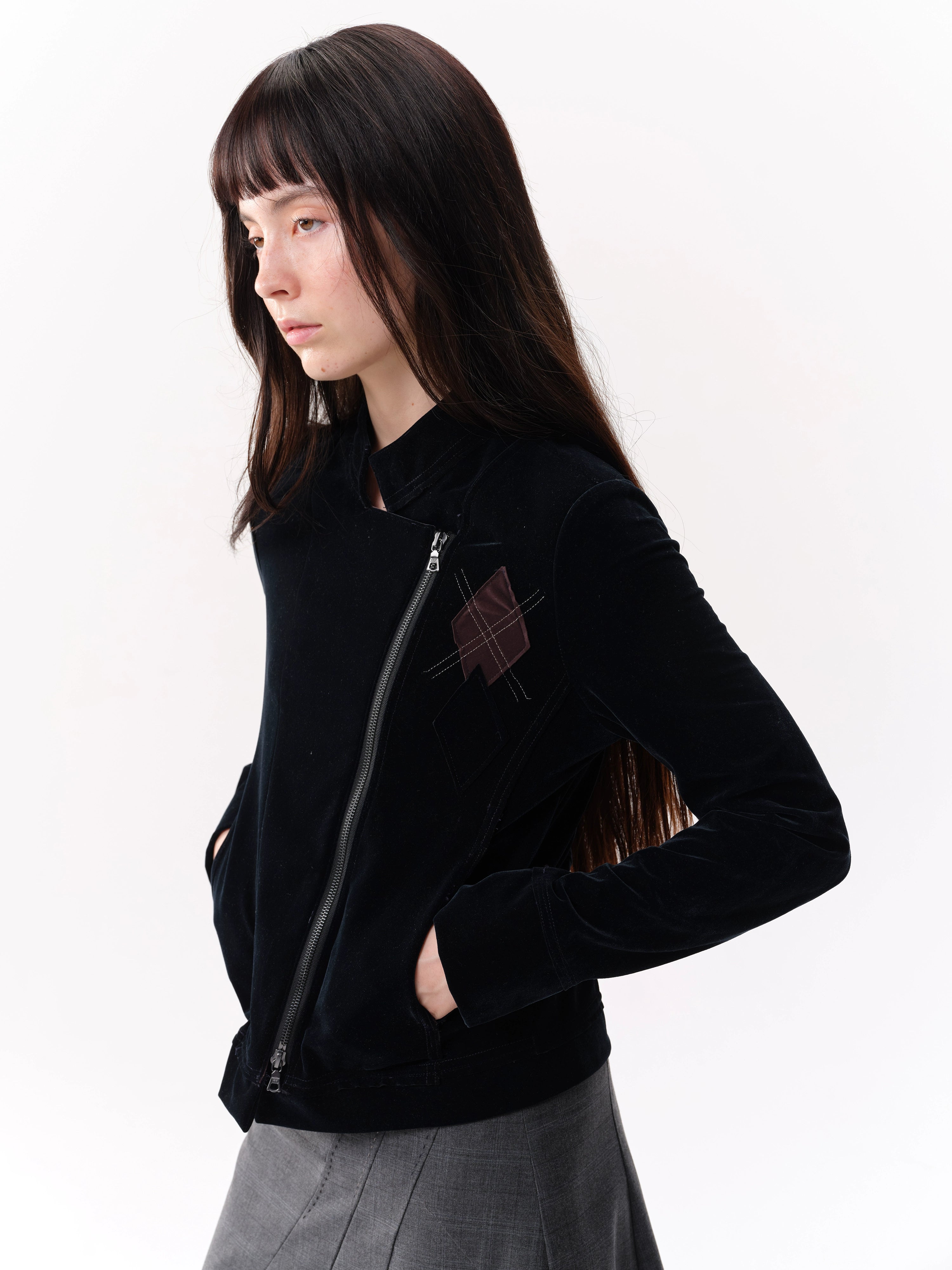 NOT UGLY Velvet Slanted Placket Rhombus Line Jacket