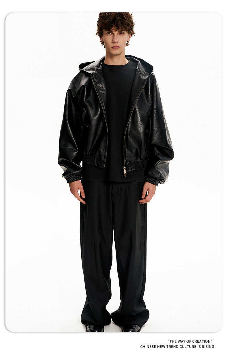 11KN Hooded Short Wide Leather Jacket Embossed Pattern Jacket