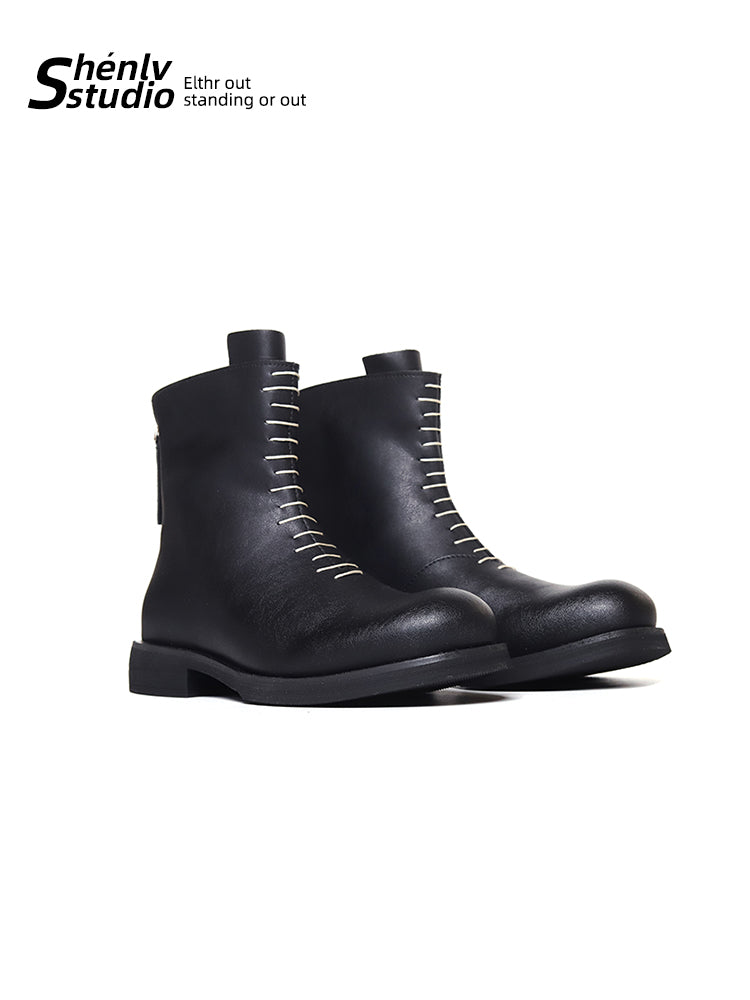 SHENLV StuIO Round Head Chelsea High-top Leather Shoes