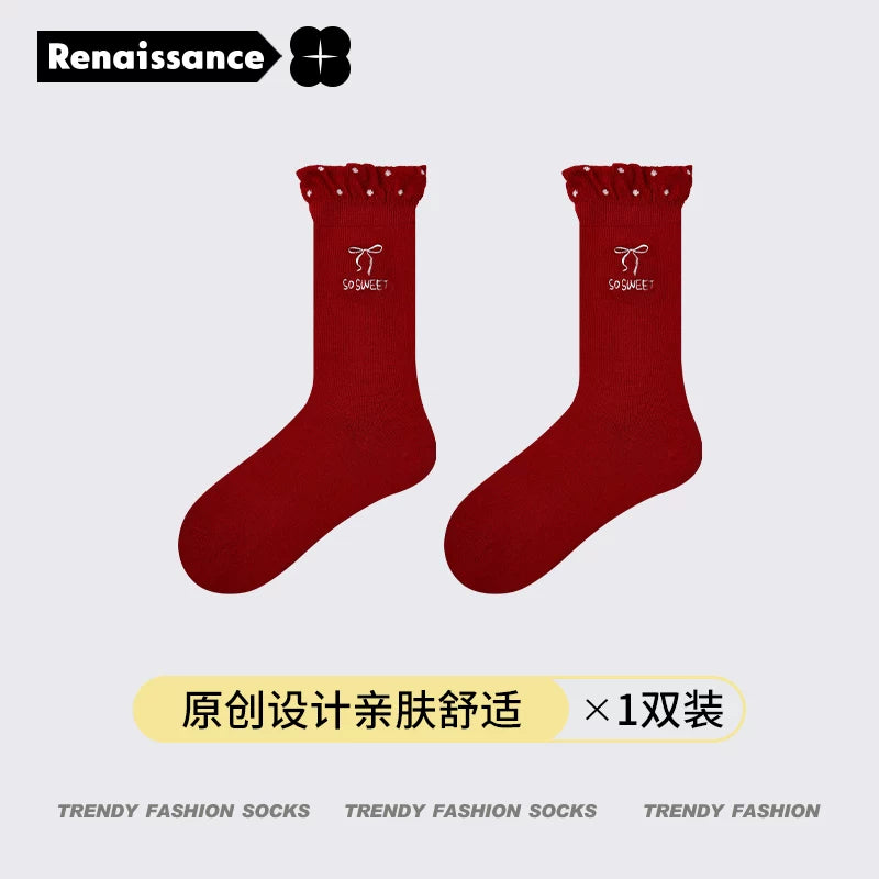 Renaissance high-end Ankola red miu wind bow socks