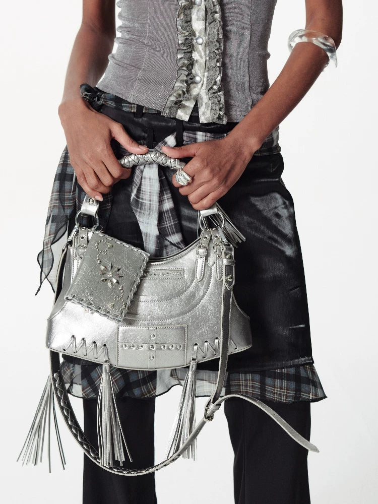 2th Desire Vintage Tassel Metal Rivet Shoulder Underarm Bag