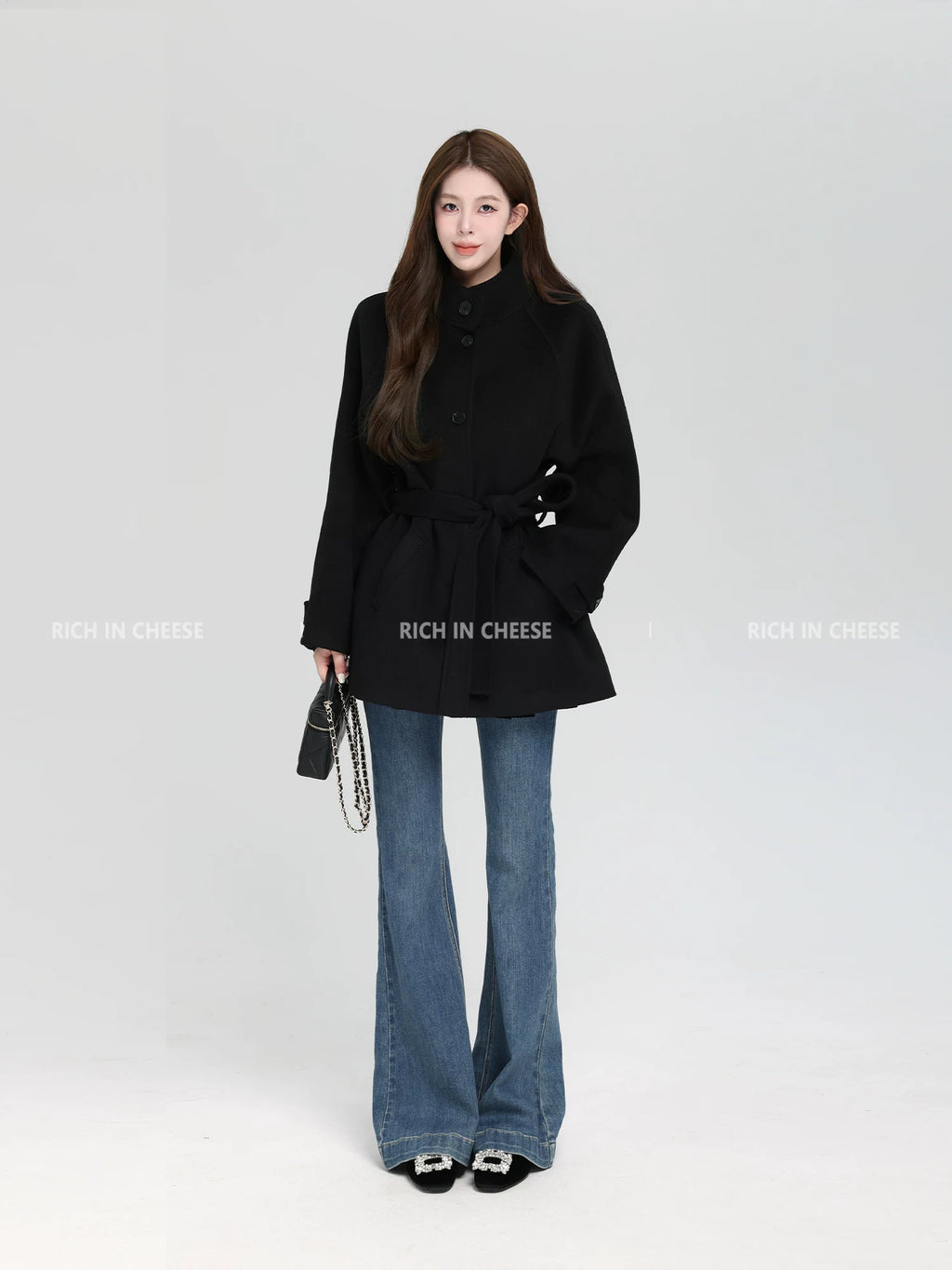 RICH IN CHEESE Premium Sense Stand-Up Neck Lace-Up Waist Wool Jacket