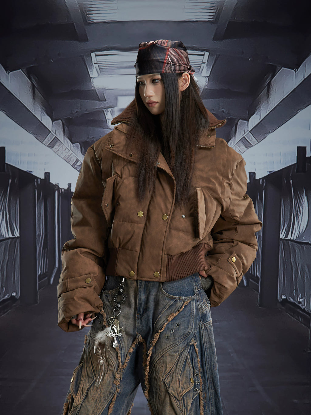 NOMANIAI Overweight Work Double Neck PU Leather Zipper Button Cotton Jacket
