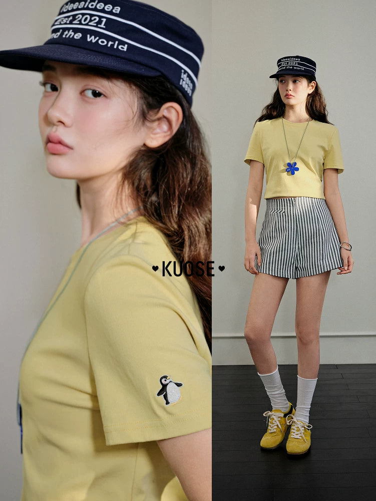 Kuose Crew Neck Embroidered Short Knitted Tee