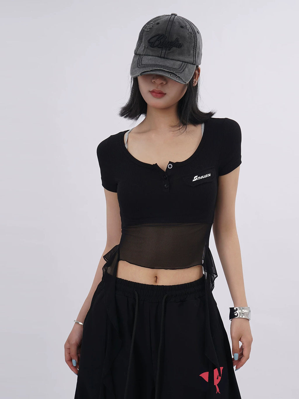 SAMUSAN Mesh Fringed Short Tee