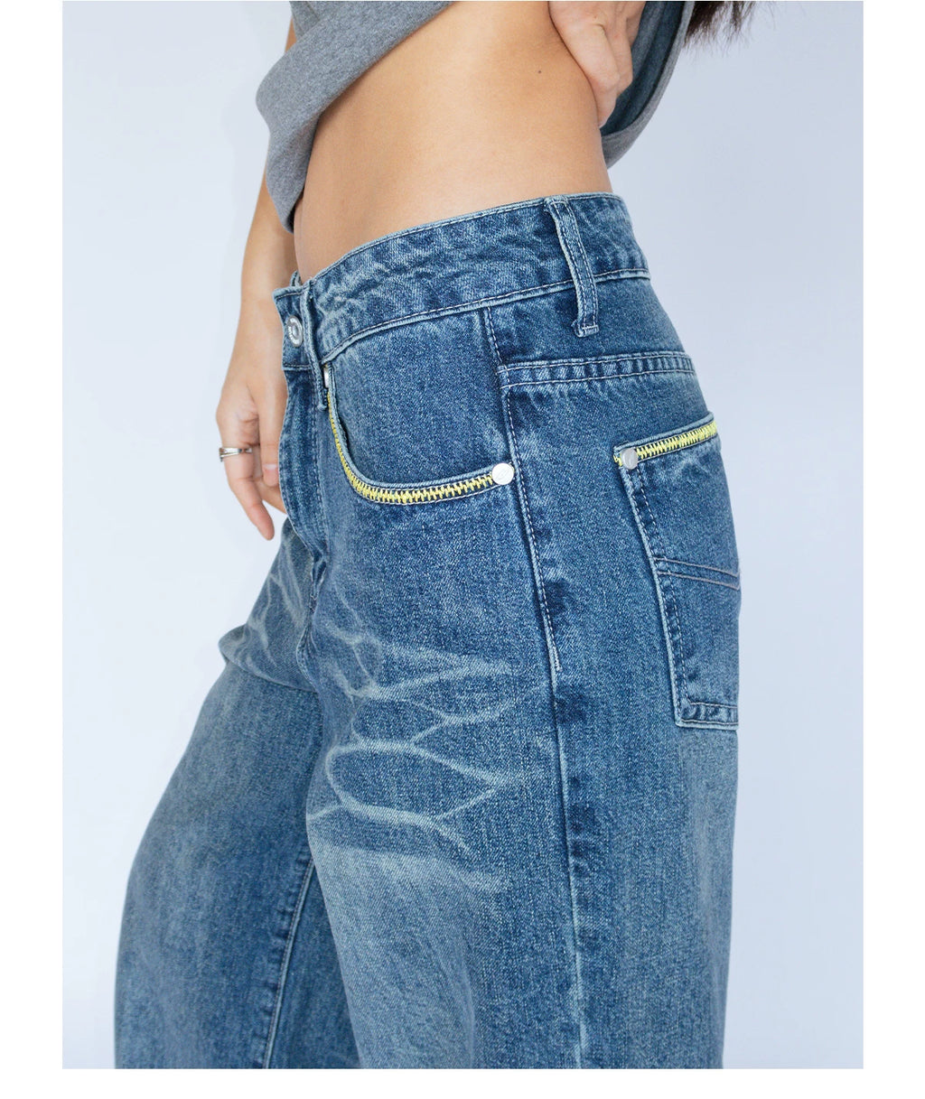 FUNKYFUN Retro Old Contrasting Embroidered Jeans