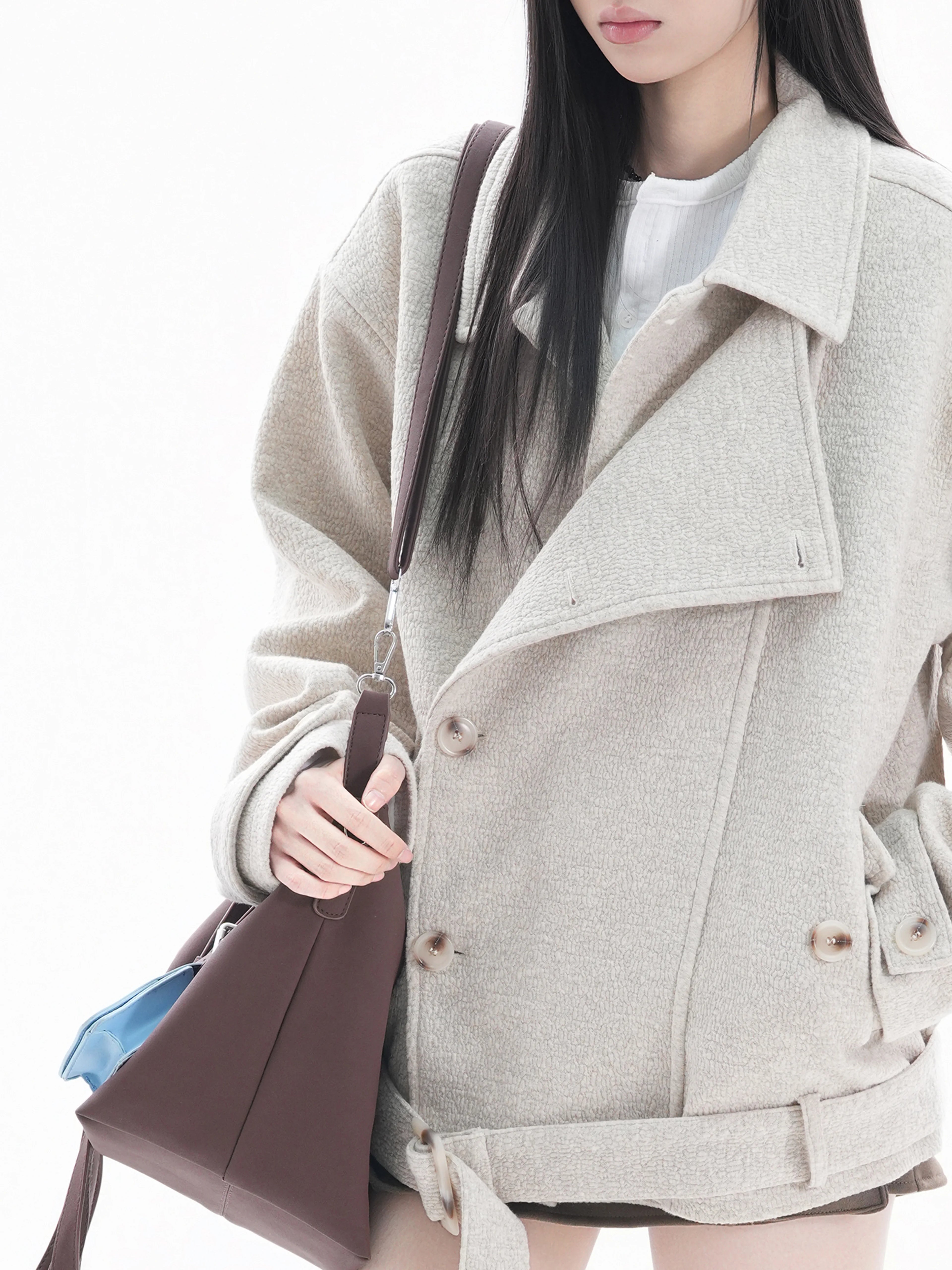 Zuocisankon Mitre-breasted Waist Strap Woolen Jacket