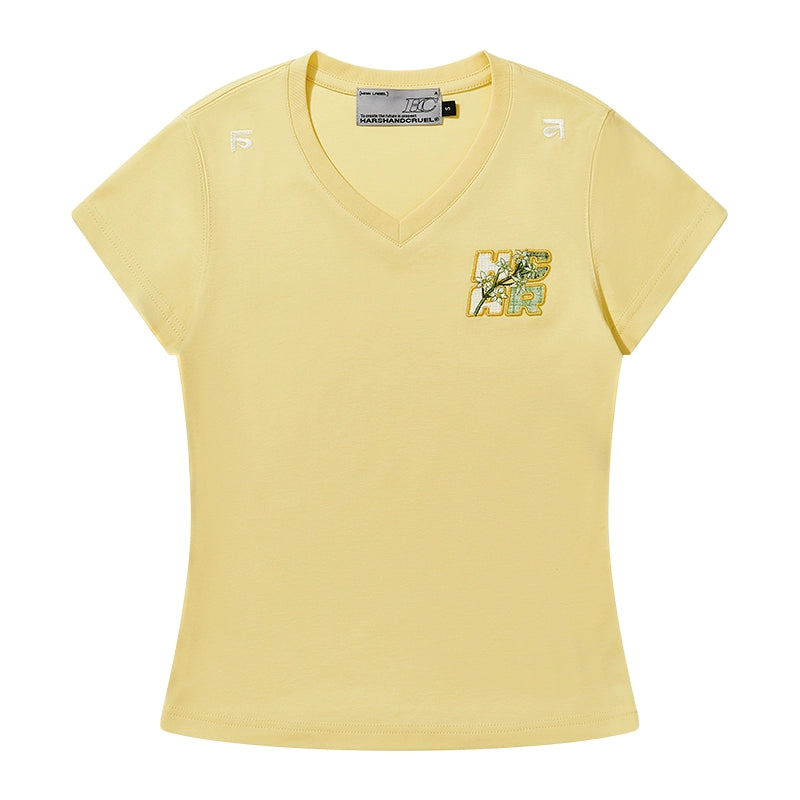 HACR Childlike Elastic Slim V-neck Short-sleeved T-shirt for Women