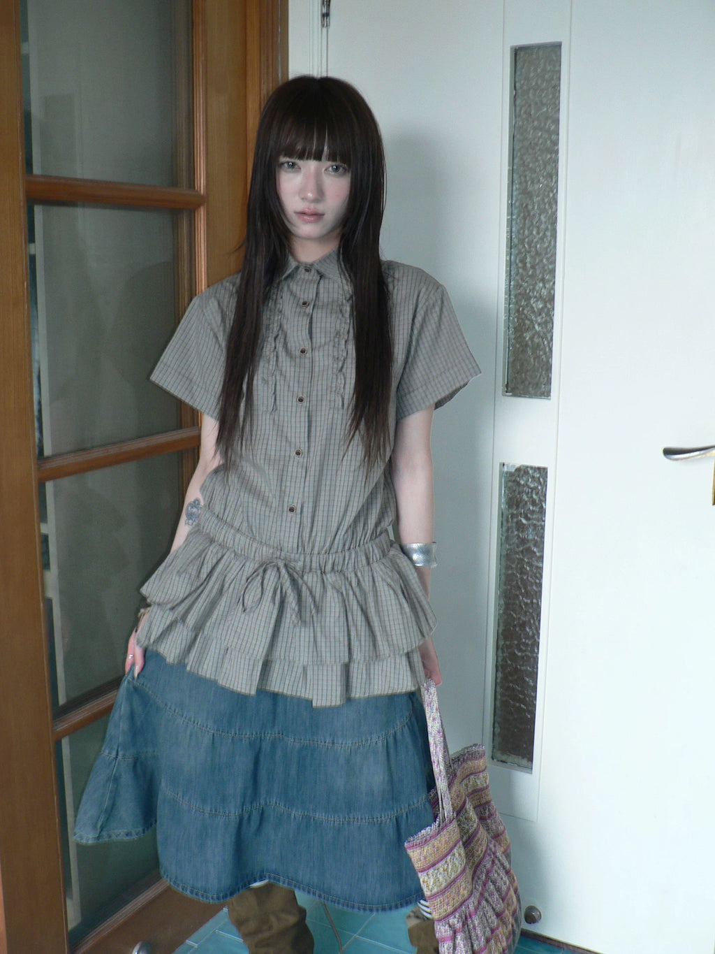 ANG: Project Plaid Fungus Edge Splicing Double-layer Waist Thin Shirt