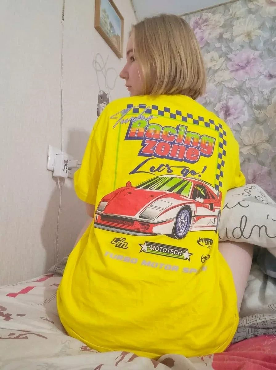 Wang Youbing Vintage Racing Print Loose Casual Tee