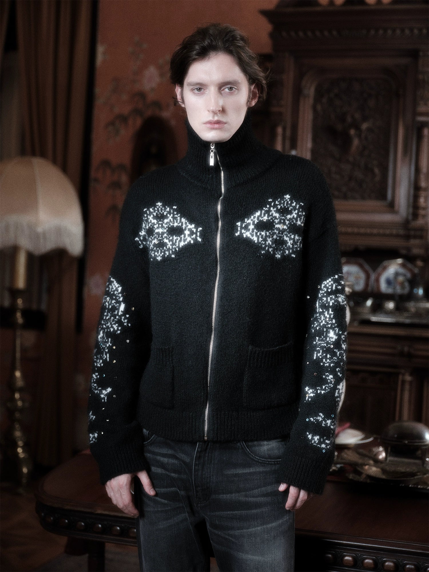 WANNA LAB Jacquard Upturned Neck Knitted Cardigan Sweater