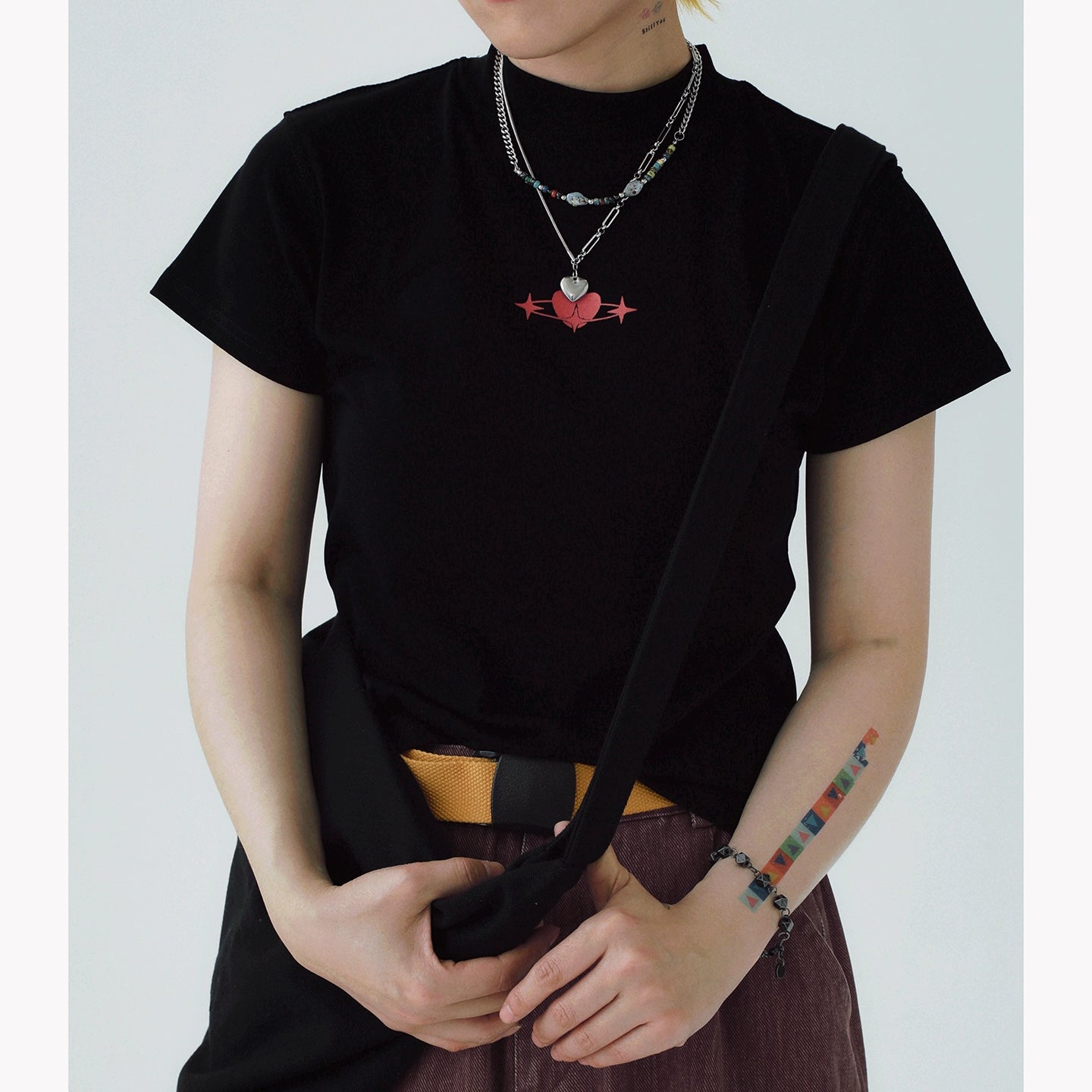 STILLYOU Retro Versatile Love Print Half Turtleneck Tee