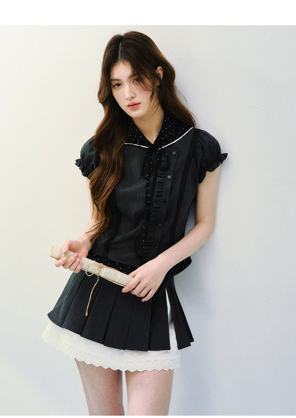 SunsetPark Striped Splicing Polka Dot Shirt Skirt Set