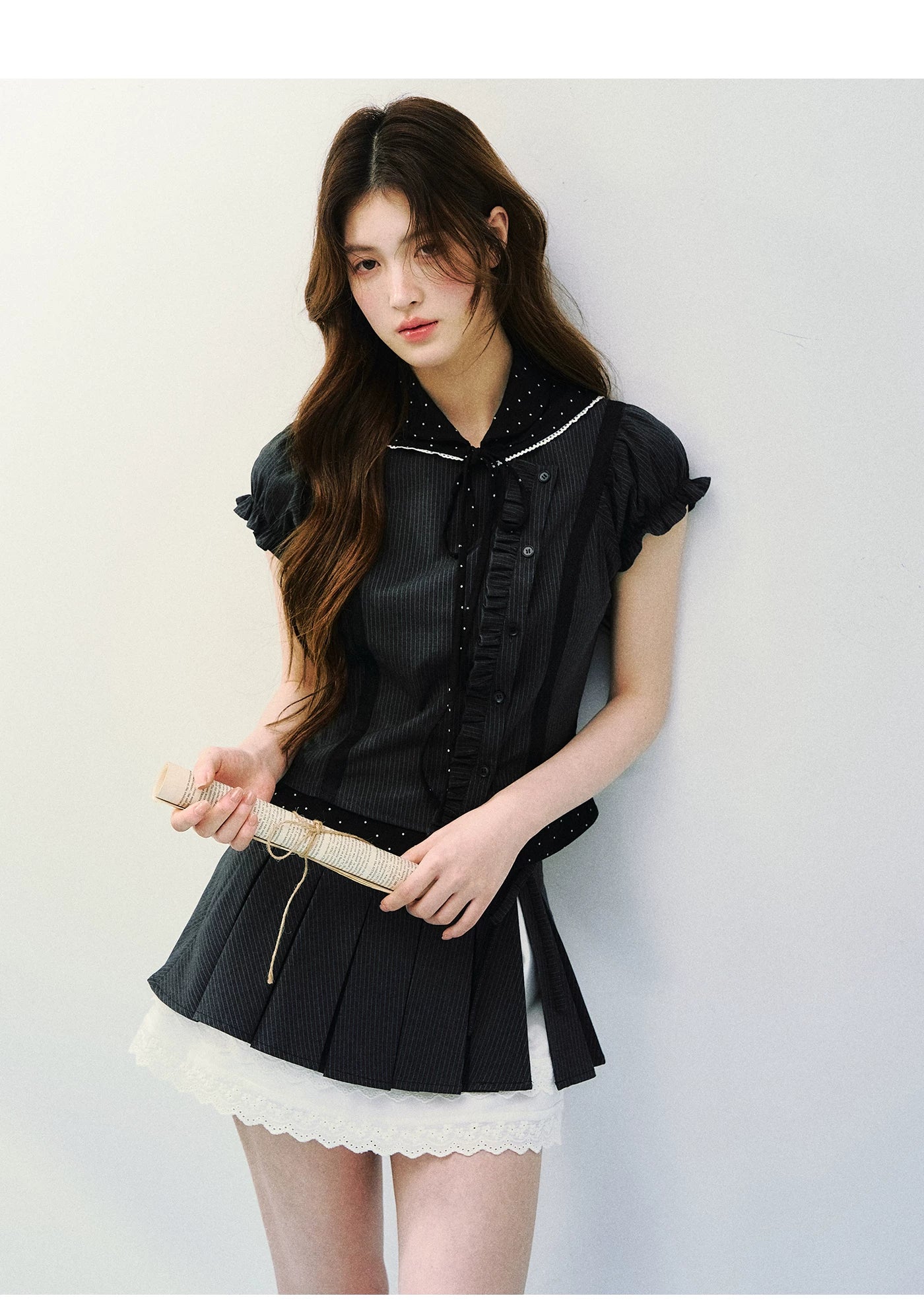 SunsetPark Striped Splicing Polka Dot Shirt Skirt Set