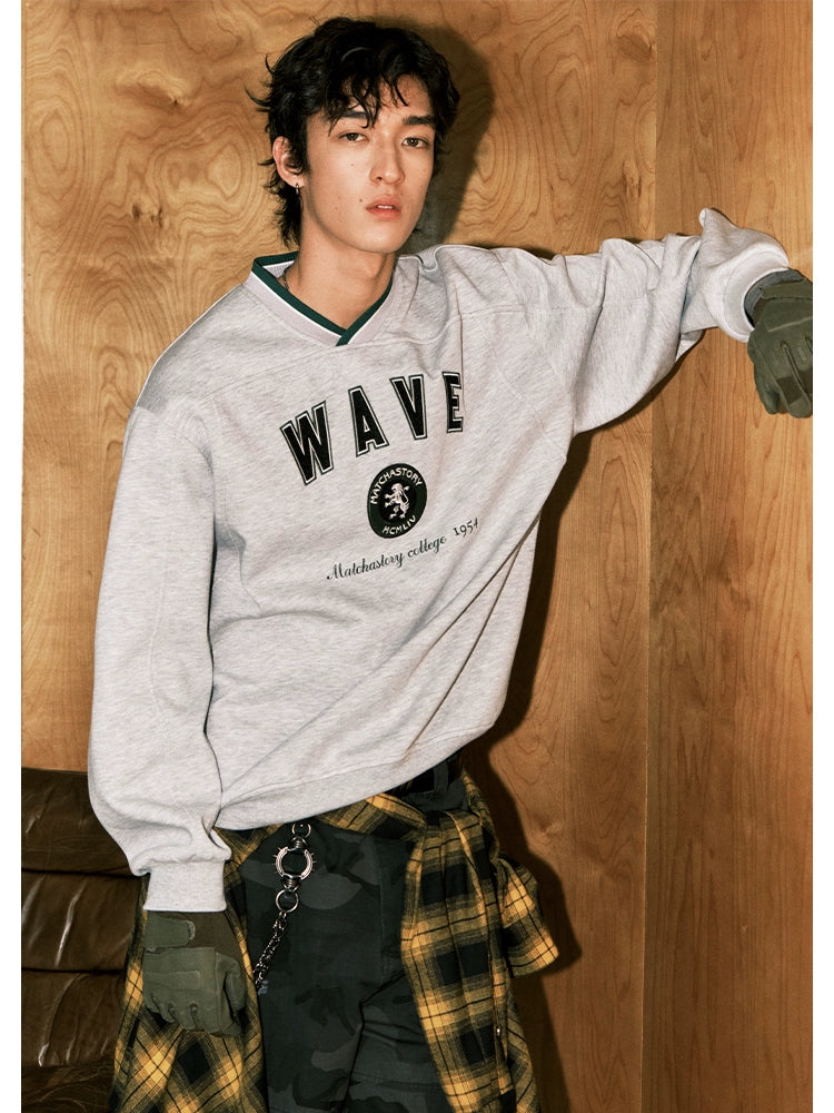 MATCHA STORYV Neck Print Loose-fitting Sport Sweater