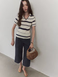 VOOE V-neck Contrasting Striped Knitted Front Shoulder Tee