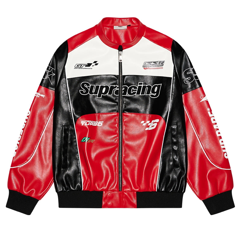 SSR Contrasting Splicing Pu Leather Racing Suit Stand-up Collar Jacket