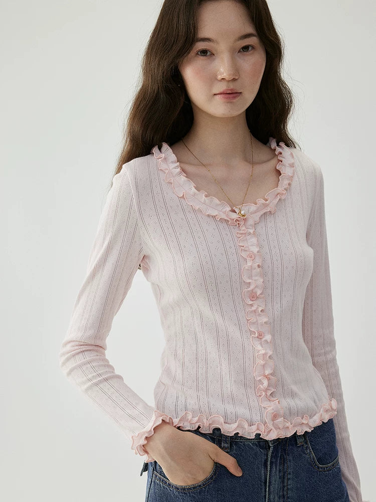 VOOE Fungus Lace U-Neck Sweet Long Sleeves