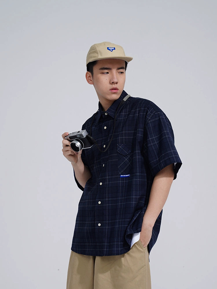 O3PARK Loose Casual Japanese Half-sleeve Plaid Short-sleeved Shirt