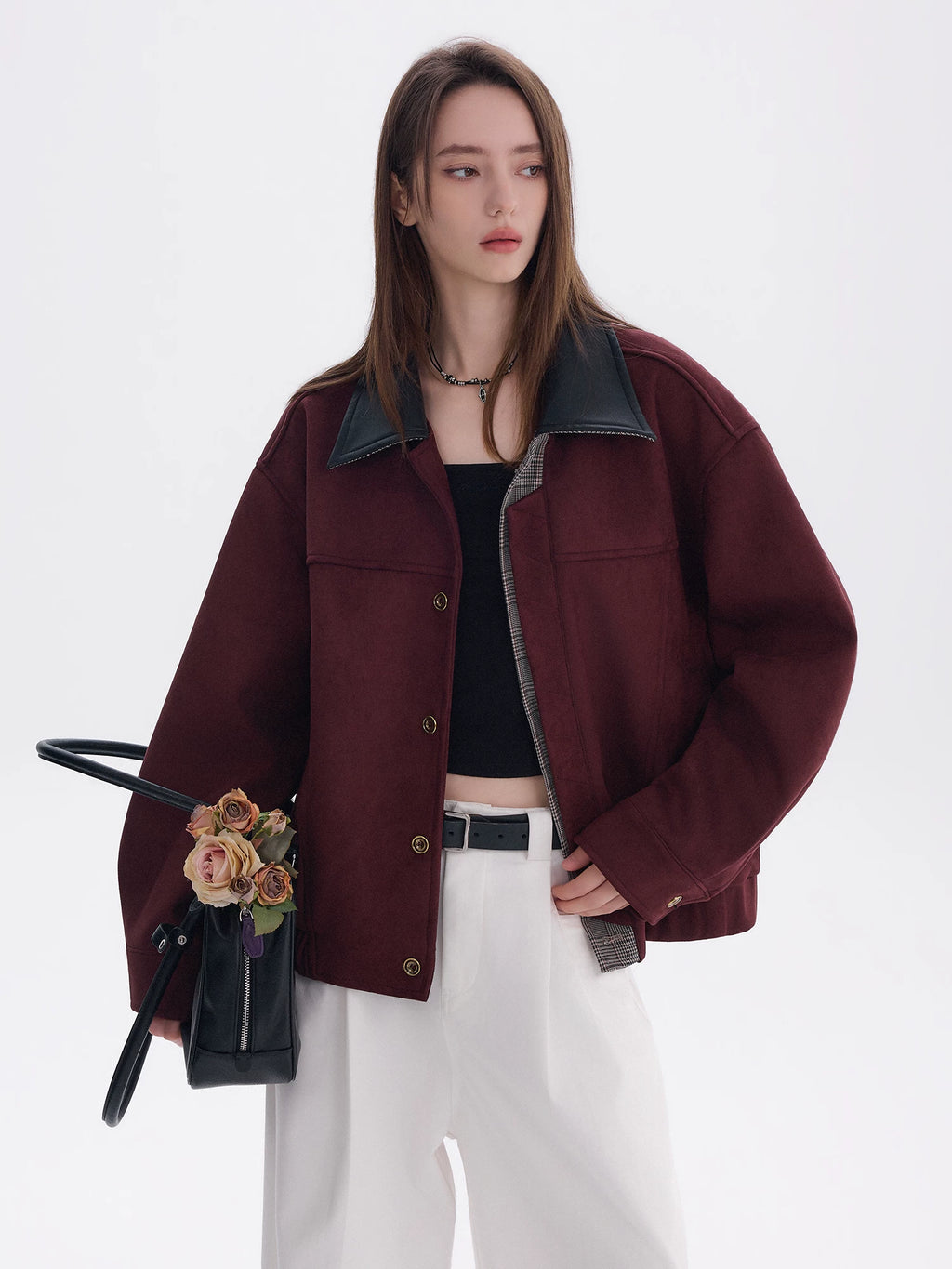 CHOR Color Matching Leather Collar Suede Lapel Jacket