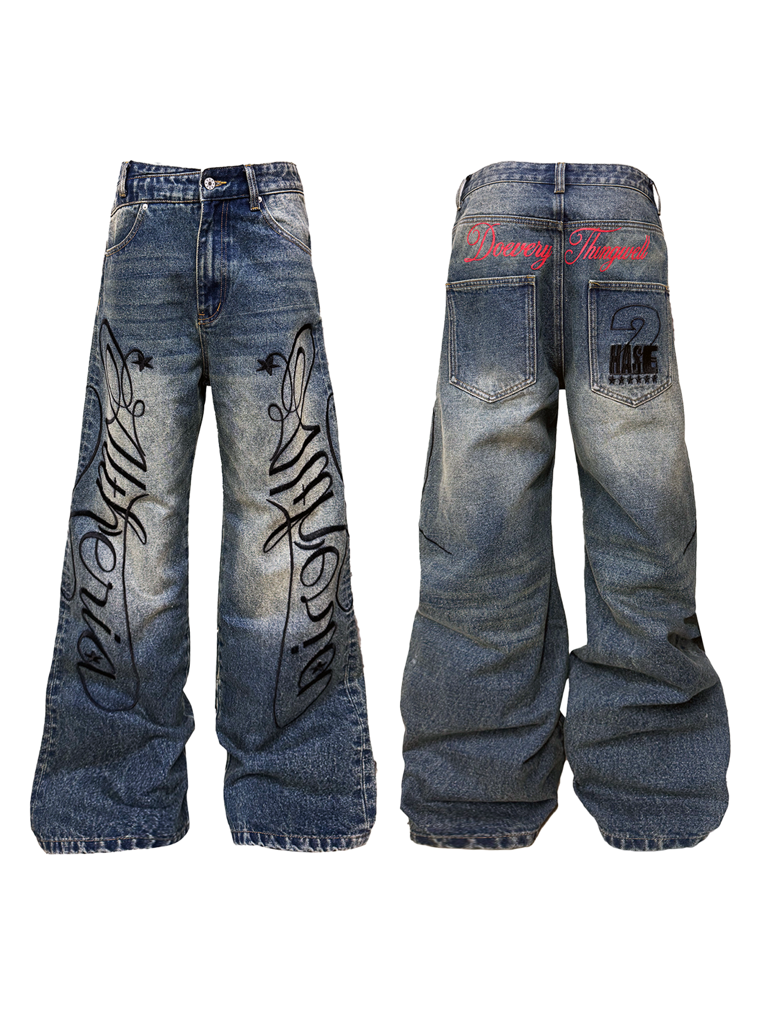 DETW Embroidered Print Vintage Straight Stacked Jeans