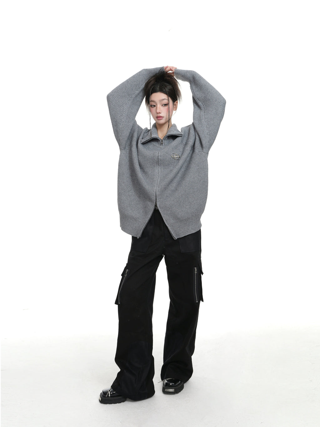 KDASE Double Zipper Stand-up Neck Sweater Jacket