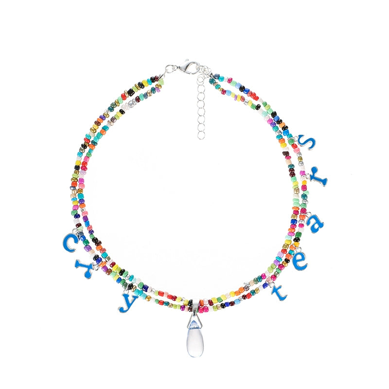 CryingCenter Colored Bean Beads, Pearl Letter Pendant, Tear Necklace