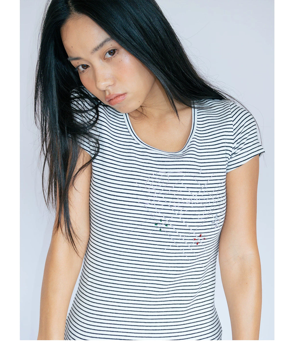 FUNKYFUN Hot Diamond Striped Front Shoulder Tee