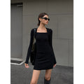 OUSPH Vintage Square Neck Knitted Dress