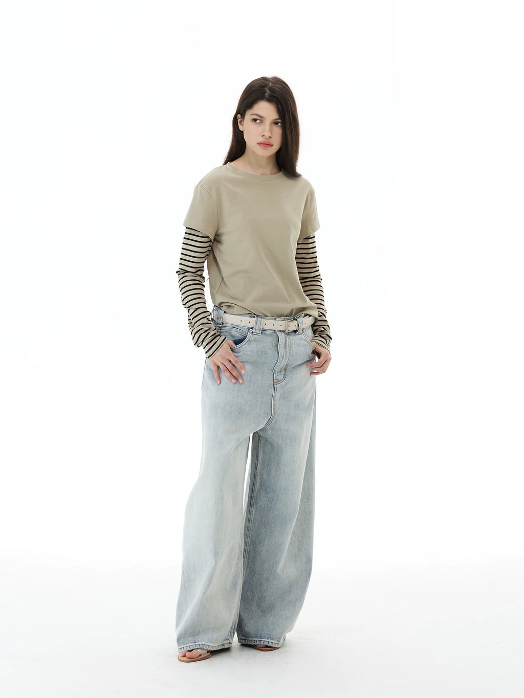 WLNEXT Vintage Fake Two-Piece Striped Front Shoulder Long Sleeve