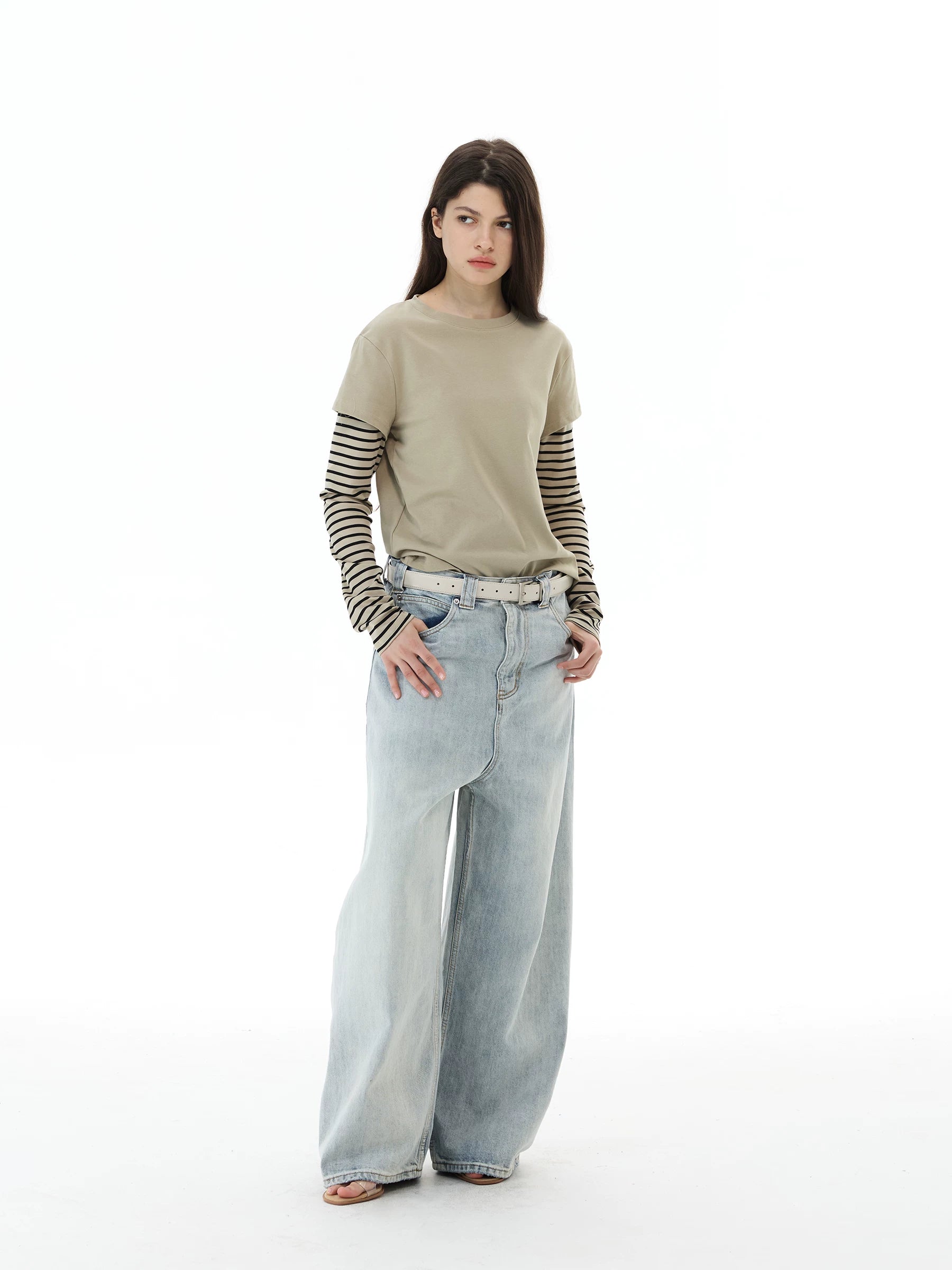 WLNEXT Vintage Fake Two-Piece Striped Front Shoulder Long Sleeve