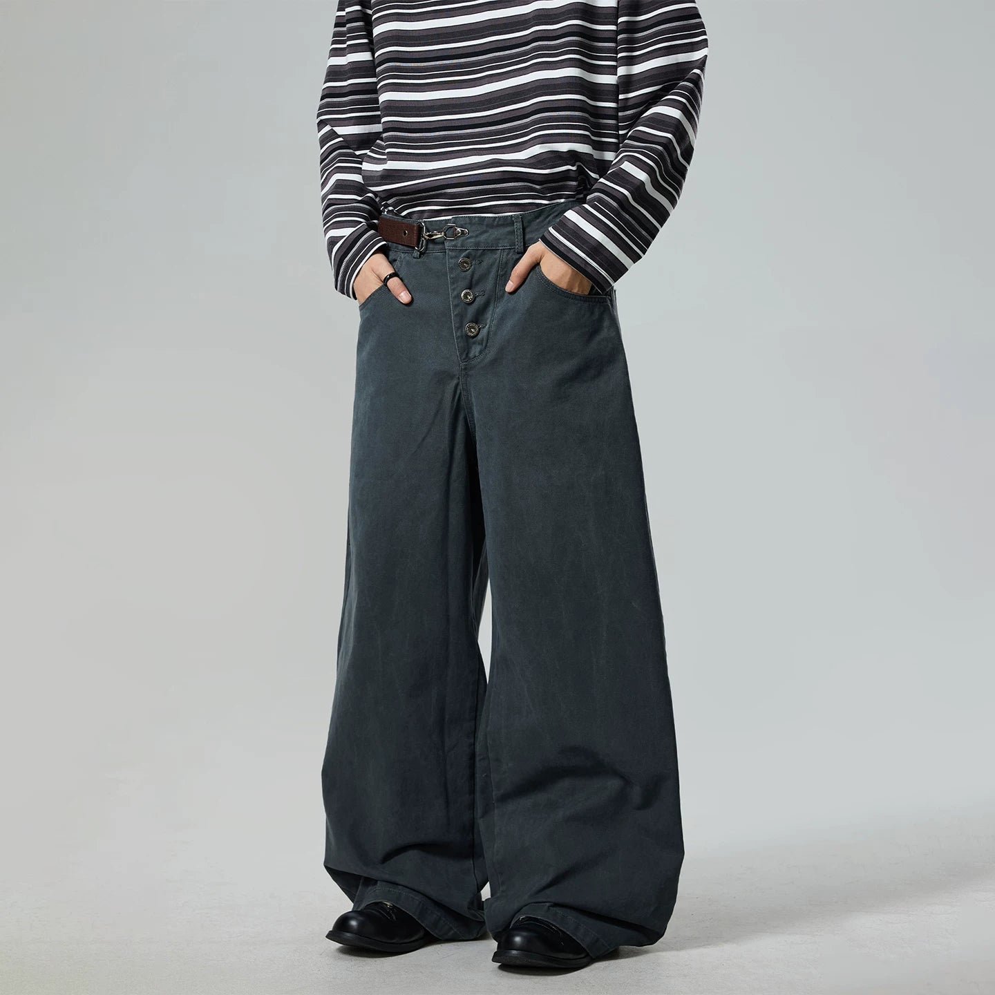 BTSG retro leather buckle waist washed gray loose wide-leg pants