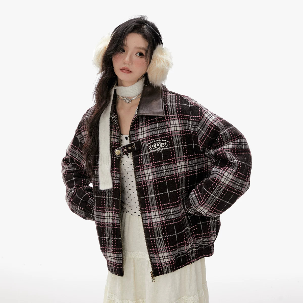 Imone Contrasting Plaid Leather Collar Loose Woolen Short Jacket