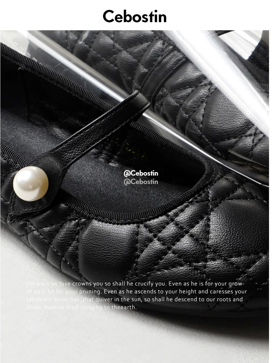 Cebostin One-word with Rhombus Pattern Retro Shallow Mouth Mary Jane Shoes