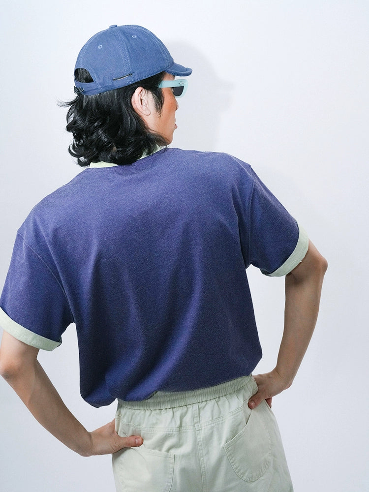 O3PARK Vintage Loose Versatile Contrast Colour Collar Roll Sleeve Tee