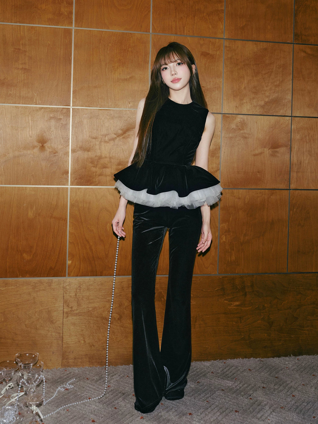 Avenement Velvet Stitching Mesh Casual Suit