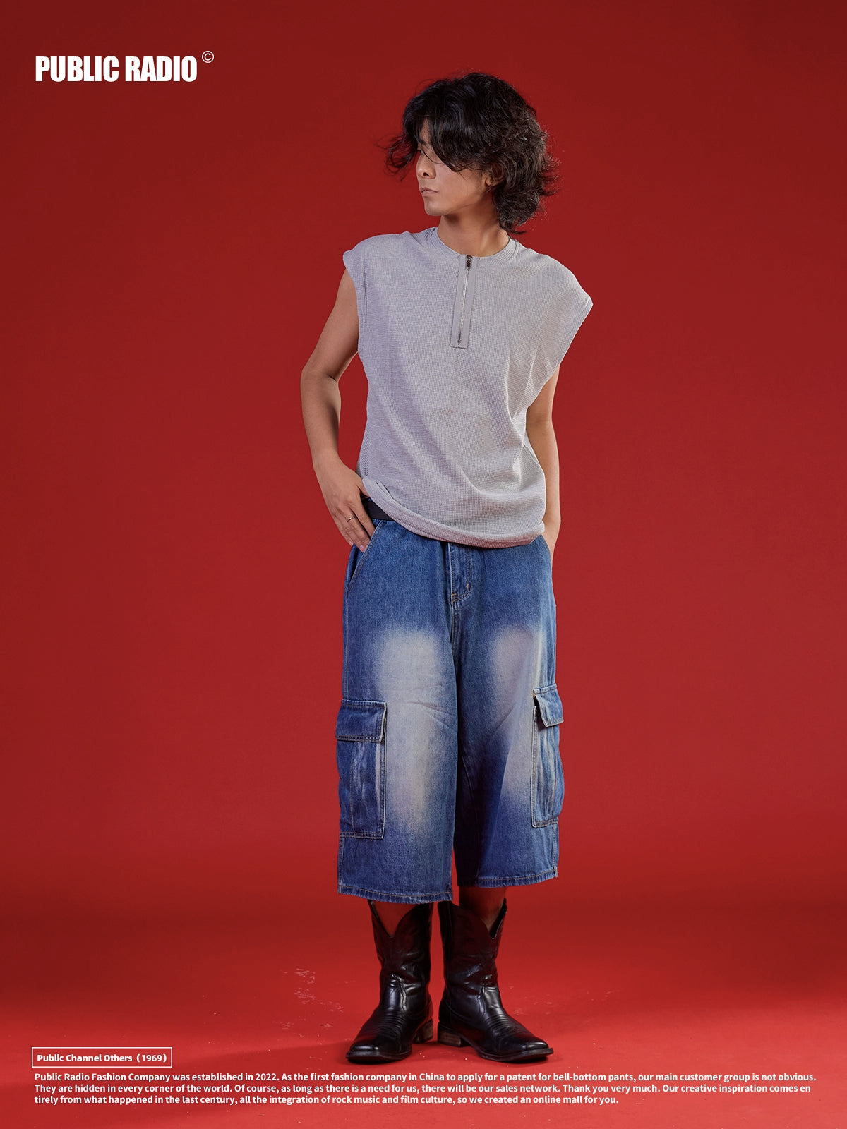 PUBLICRADIO Japanese Retro Primary Color Washed Denim Cropped Pants