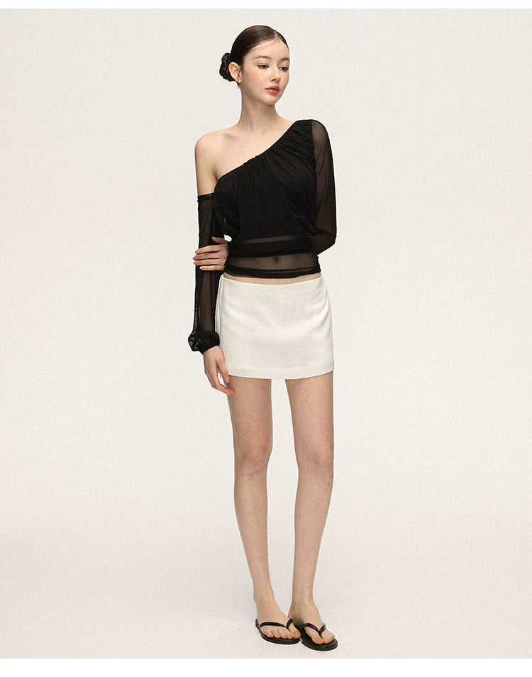 Anna Aneae Mesh Slanted Shoulders Waist Slim Tee