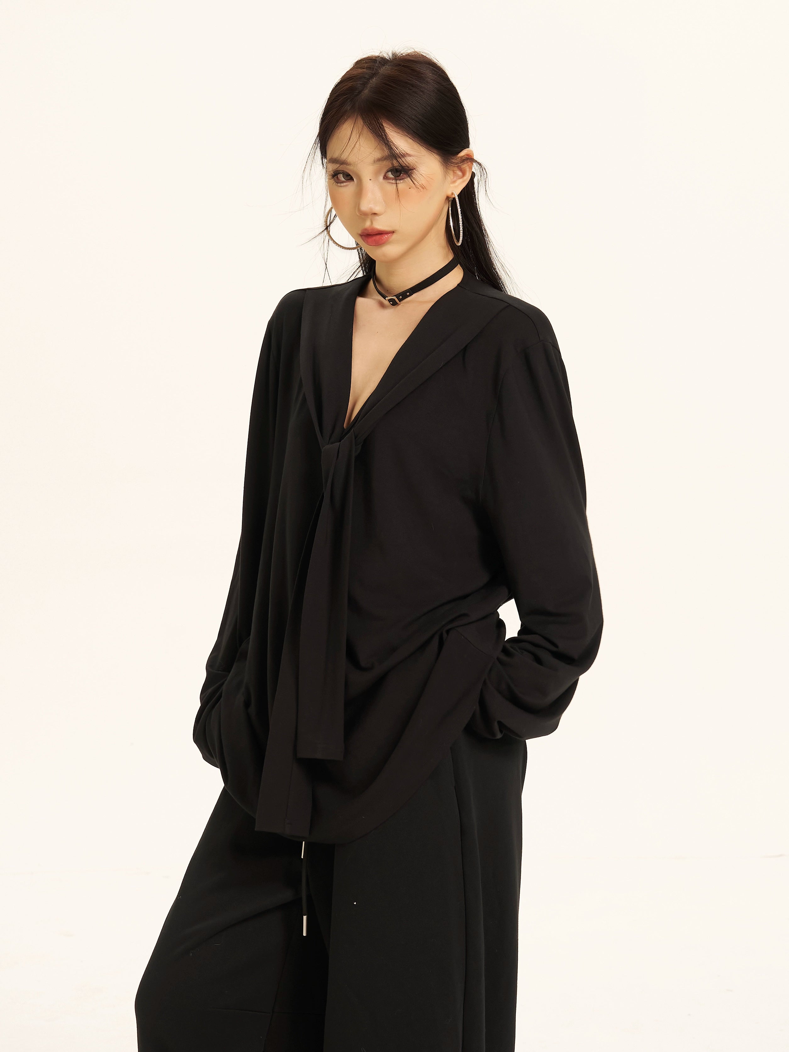Zero Strap V-neck Lazy Long-sleeved Top
