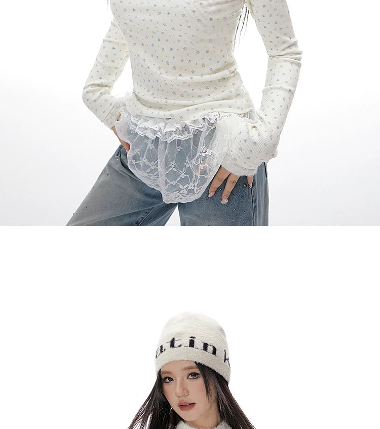 Imone Floral Splicing Hollow Turtleneck Long Sleeve