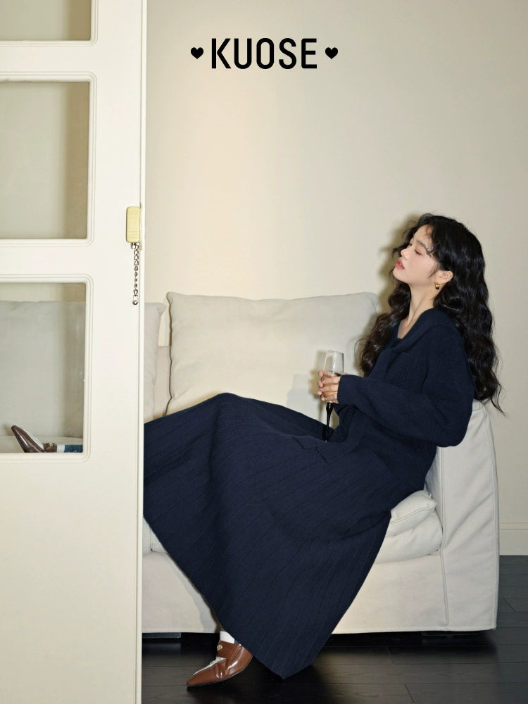 Kuose Navy Collar Top Sweater Knitted Two-piece Set